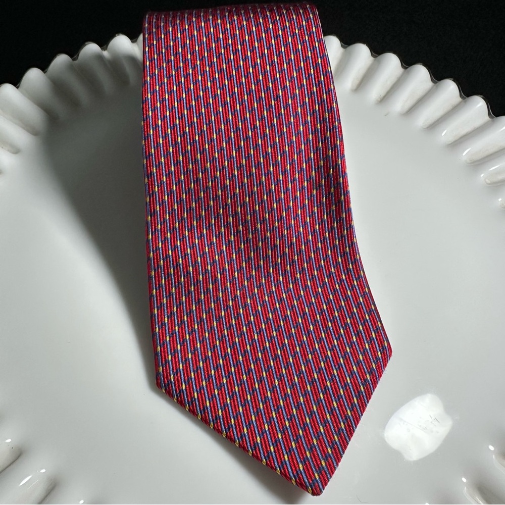 Turnbull & Asser for Neiman Marcus Red Silk Tie w/ Blue and Lt. Gold- Handmade